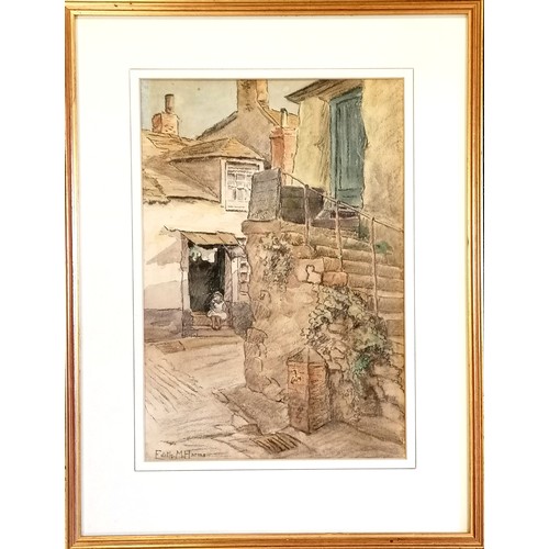 409 - Framed mixed media painting of a Cornish (?) village by Edith Margaret Harms (1870-1943) - frame 51c... 