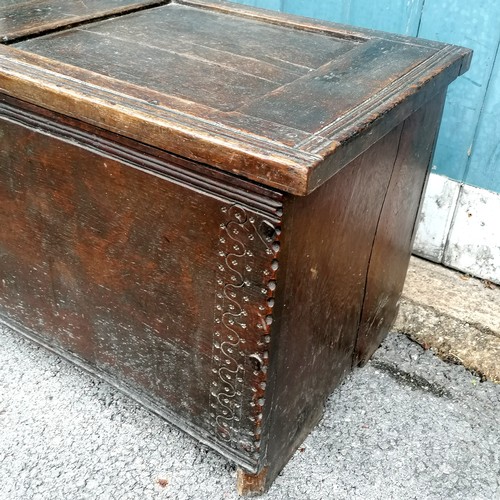 413 - Antique oak coffer with later copper plate covering the original lock plate 109cm long x 50cm high x... 