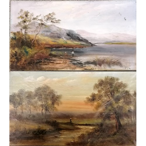 415 - 2 x antique scenic oil paintings on canvas signed T Payne - 46cm x 25.5cm ~ the fishing scene has 2 ... 