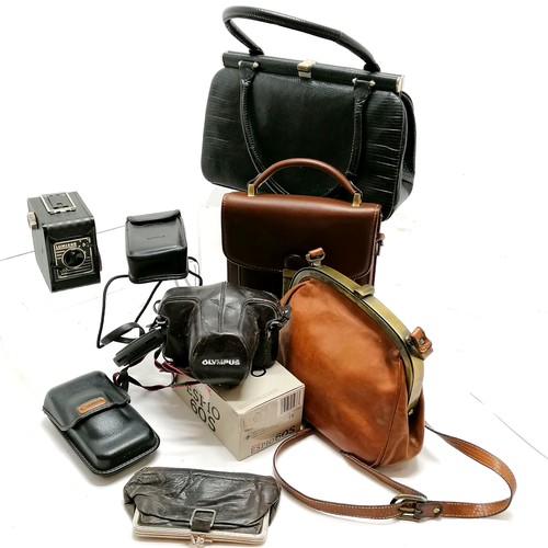 622 - Vintage dark blue lizard skin handbag (30cm across), 2 tan bags, Olympus camera, cameras etc