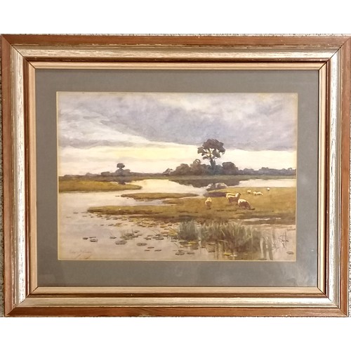 630 - Framed watercolour of sheep at rivers edge by Edwin Bottomley (1865-1929) - 28cm x 35cm