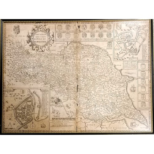 631 - Framed 1676 map of 'The North and East Riding of Yorkshire' by John Speed (1552-1629) and sold by Th... 