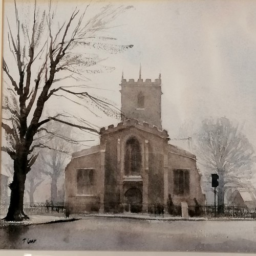 702 - Framed watercolour of a church & street scene signed Thomas 'Tom' Carr (1909-99) - 60cm x 48cm