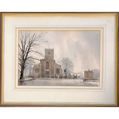 702 - Framed watercolour of a church & street scene signed Thomas 'Tom' Carr (1909-99) - 60cm x 48cm