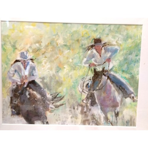 717 - 3 x framed original paintings inc street scene by John Lendrum, 2 horse riders & Spanish scene