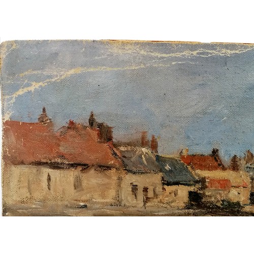 720 - Oil painting on canvas (mounted on board) of some houses near the sea signed W M Fisher - 36cm x 24c... 