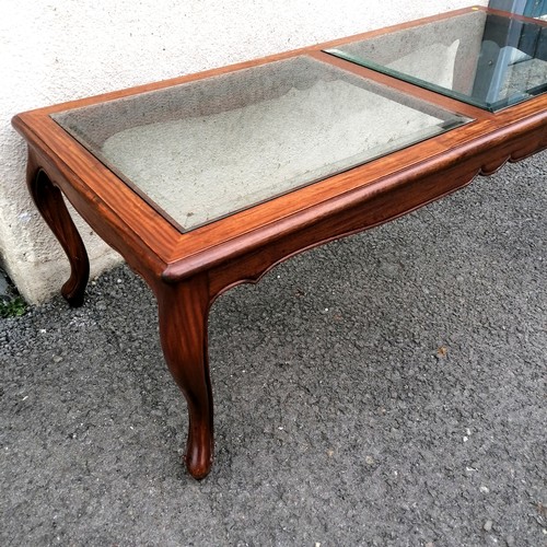 743 - Oriental hardwood coffee table with 2 square bevelled glass inserts. 122cm long x 54cm deep x 42cm h... 