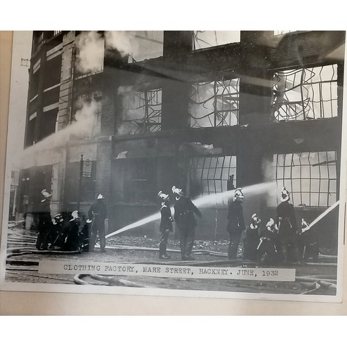 747 - Framed C1932 photograph firefighters in Hackney putting out a blaze at a clothing factory in Mare St... 