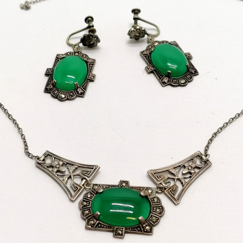 480 - Art Deco silver & green stone set pendant + matching earrings - total weight 15g ~ chain broken