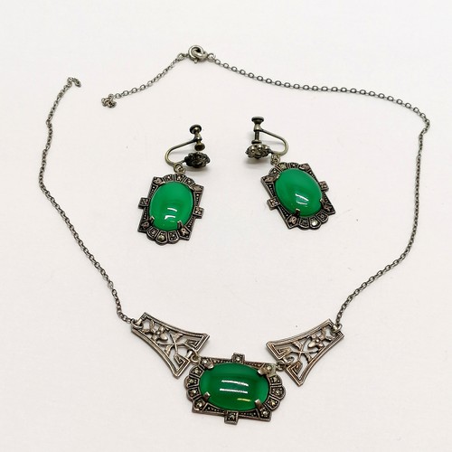 480 - Art Deco silver & green stone set pendant + matching earrings - total weight 15g ~ chain broken