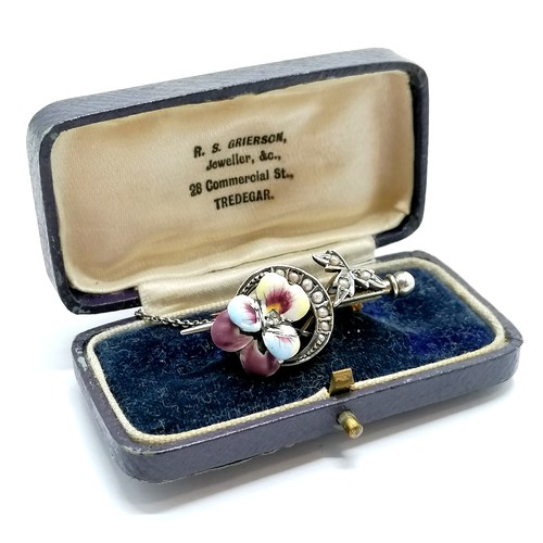 481 - Unmarked silver enamel pansy bar brooch set with seed pearls in a retail box - 4cm across ~ has repl... 