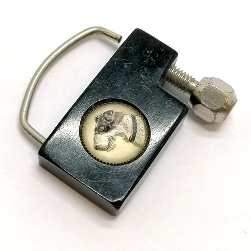 490 - Art Deco Essex crystal terrier dog padlock / keyring - 3.5cm across - slight chip to 1 corner otherw... 