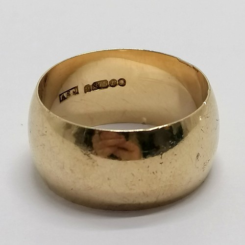 491 - 9ct hallmarked gold wide band ring - size R½ & 8.3g