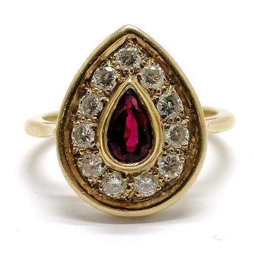 501 - 18ct hallmarked gold pear shaped ruby & diamond (11) set ring - size M½ & 5g total weight - SOLD ON ... 