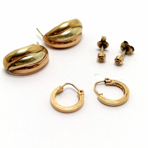 504 - 3 x pairs of 9ct gold earrings (2 unmarked) - 4.2g - SOLD ON BEHALF OF THE NEW BREAST CANCER UNIT AP... 