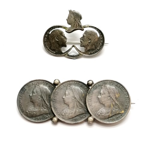 516 - 2 silver brooches made from GB coins - 1 made from 3 x QV 1901 6ds & the other made from cut-outs of... 