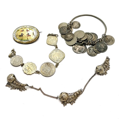 517 - Qty of ethnic mostly silver jewellery inc bangle with attached coins (some with sweetheart names on ... 