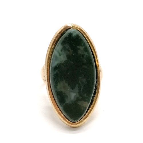 525 - Antique Georgian unmarked gold set with moss agate with inscribed message to reverse of head 'Jane G... 