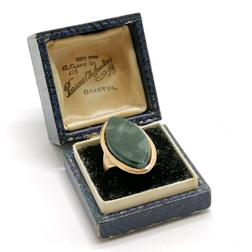 525 - Antique Georgian unmarked gold set with moss agate with inscribed message to reverse of head 'Jane G... 