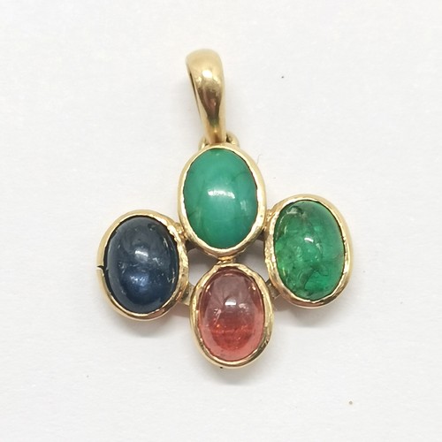 532 - Unmarked 18ct gold cabochon stone set pendant inc star sapphire & amber - 2.2cm drop & 3.6g total we... 