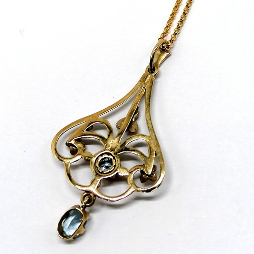 537 - 9ct hallmarked gold Edwardian style pendant set with aquamarine & seed pearls on a 9ct hallmarked 40... 