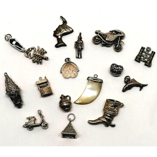 545 - Qty of loose silver (some unmarked) loose charms inc motorbike, opening coffin charm with skeleton i... 