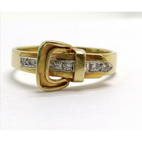 553 - 18ct marked gold belt buckle ring set with 6 diamonds - size P½ & 4.5g total weight