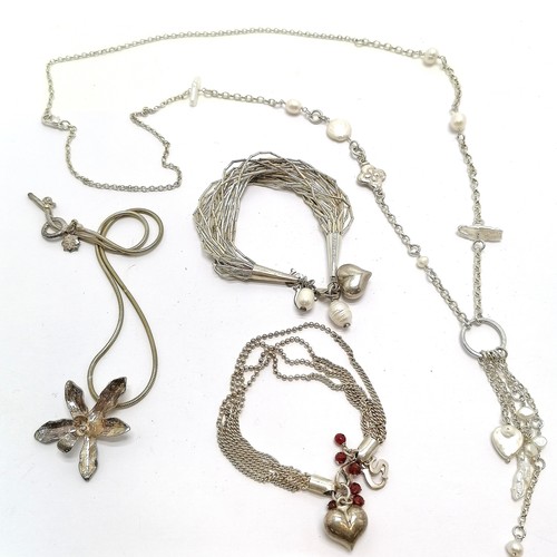 590 - Dower & Hall silver snake link 36cm chain with orchid pendant, 2 silver bracelets, long unmarked nec... 