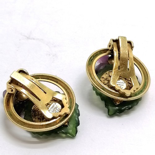 602 - German vintage 18ct rolled gold plated clip on earrings set with carved glass flower & leaf by AUG