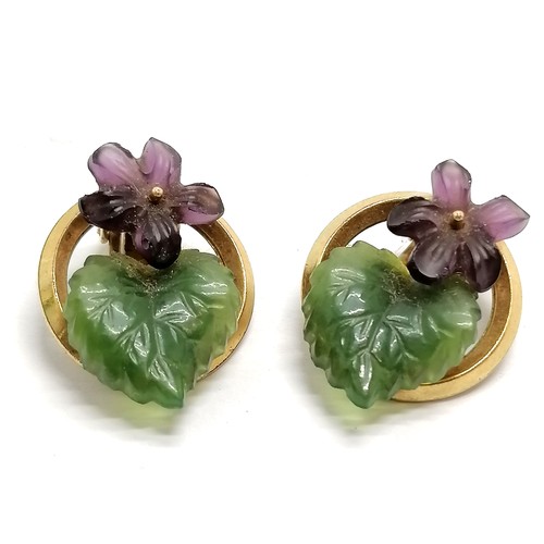 602 - German vintage 18ct rolled gold plated clip on earrings set with carved glass flower & leaf by AUG