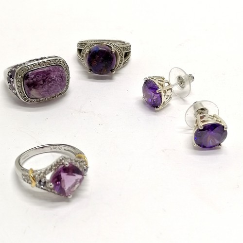 607 - 3 silver stone set rings inc amethyst t/w pair of earrings - 29g total weight