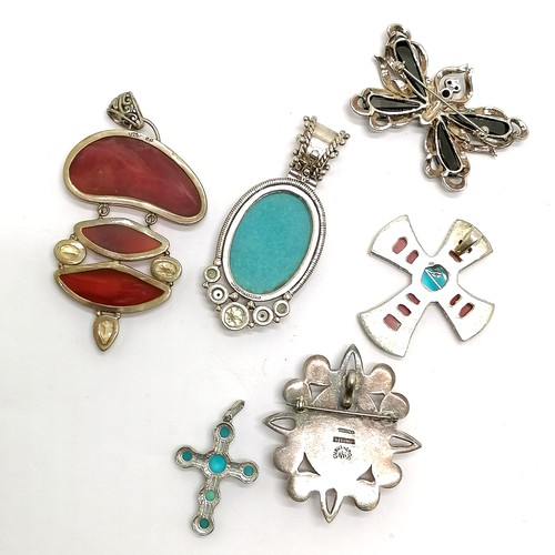 608 - 4 x silver stone set pendants (2 are crosses) t/w 2 silver stone set brooches (1 as a butterfly inc ... 