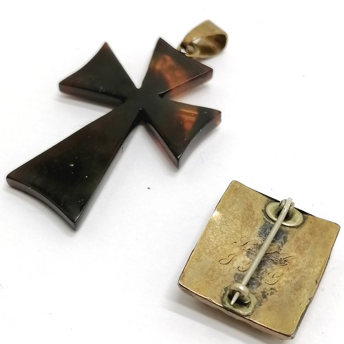 612 - Antique gold piquet tortoiseshell cross (5cm drop) t/w in memoriam brooch made from a clasp