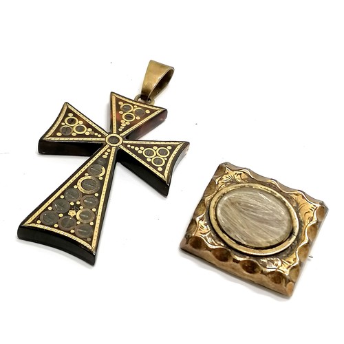 612 - Antique gold piquet tortoiseshell cross (5cm drop) t/w in memoriam brooch made from a clasp