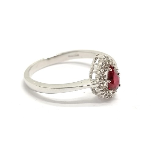 627 - 18ct hallmarked white gold pear shaped ruby & diamond cluster ring - size S & 3.5g total weight