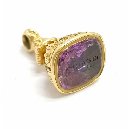 629 - Antique unmarked (tests or 15ct or higher) gold fob with amethyst seal end with Caroline engraved - ... 