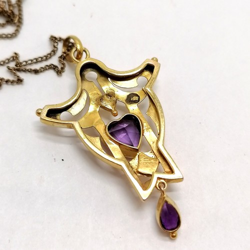 639 - Antique 9ct marked gold Art Nouveau pendant set with amethyst & pearl (4.5cm drop) on a gilt metal c... 