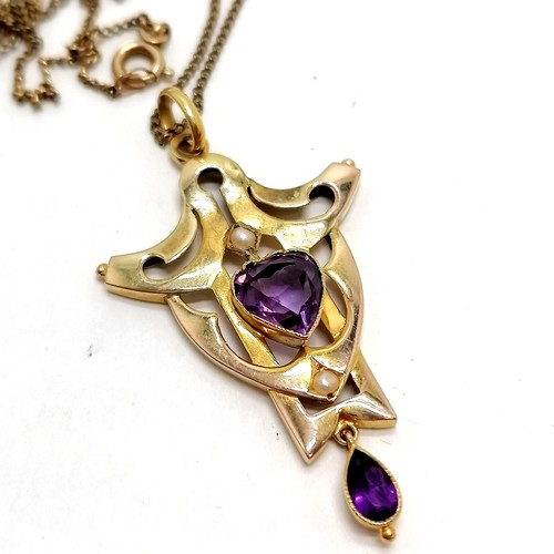 639 - Antique 9ct marked gold Art Nouveau pendant set with amethyst & pearl (4.5cm drop) on a gilt metal c... 