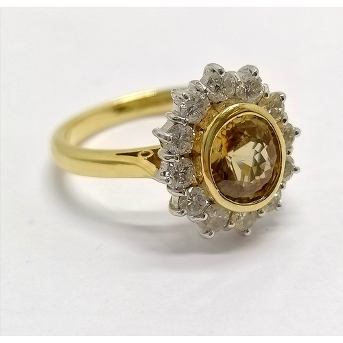 640 - 18ct hallmarked gold yellow tourmaline ? and diamond set cluster ring - size O½ & 6.6g total weight