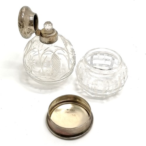 812 - Silver topped glass bodied scent bottle - 11cm high (dents to lid) t/w Chester silver lidded jar (no... 