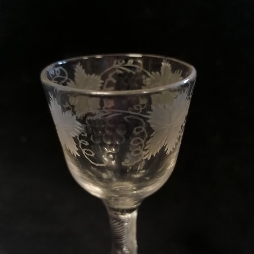 6 - Antique unusual air twist stem 18th century cordial / wine glass with central knop to stem and grape... 