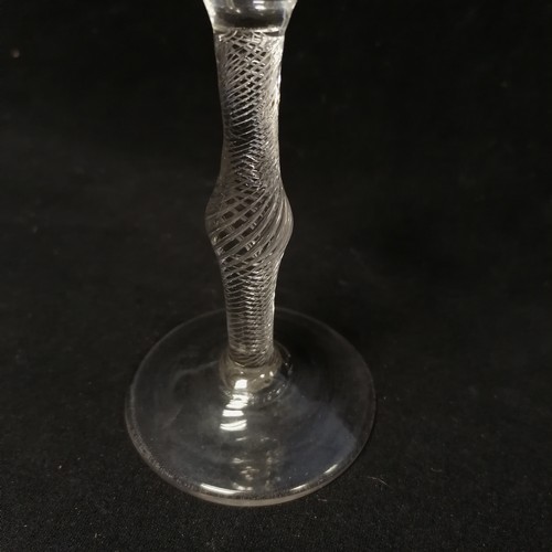 6 - Antique unusual air twist stem 18th century cordial / wine glass with central knop to stem and grape... 