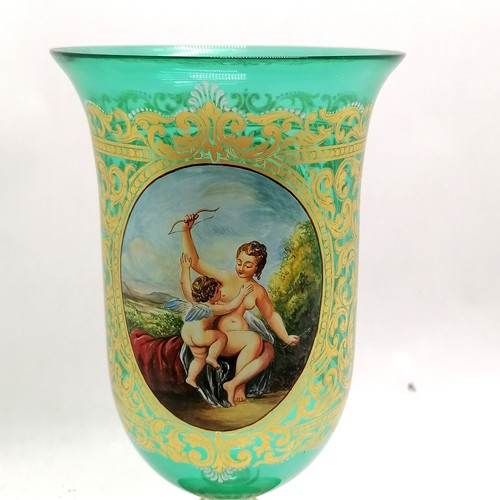 12 - Large French green glass goblet/vase with hand painted scene and gilding Watteau L'amore Dismarmato ... 