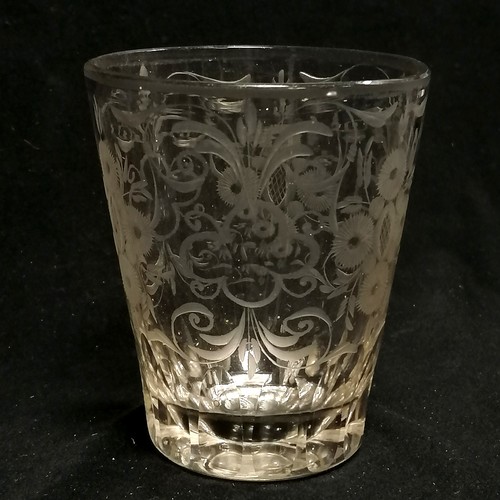 17 - Antique pair of hand etched tumblers - 10cm high & 8.5cm diameter with no obvious damage