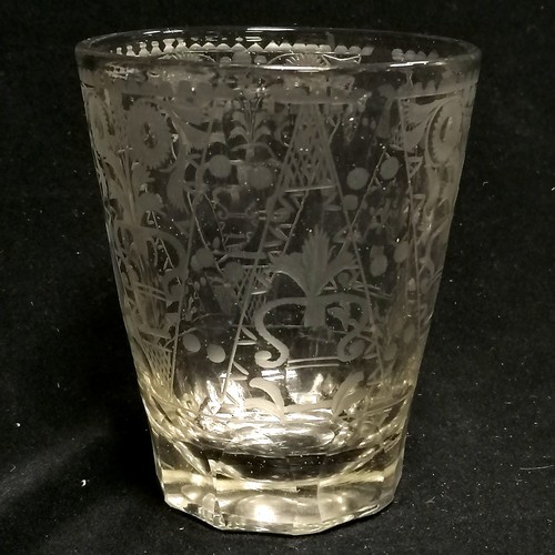 17 - Antique pair of hand etched tumblers - 10cm high & 8.5cm diameter with no obvious damage