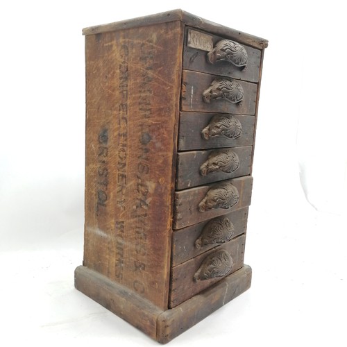 29 - Antique pine flight of 7 collectors drawers made from an old crate 44cm high x 25cm x 22cm deep