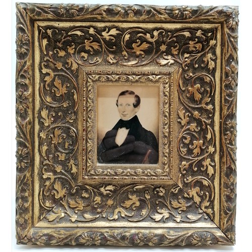 42 - Antique portrait miniature on card of a gentleman in later frame (frame 21cm x 23cm) t/w hand painte... 