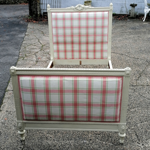 45 - French carved painted single bed upholstered in pink checked fabric. headboard 123cm high x 110cm wi... 