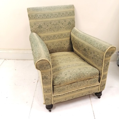 54 - Antique armchair upholstered in green fabric. 70cm wide x 70cm deep x 85cm high. in good used condit... 