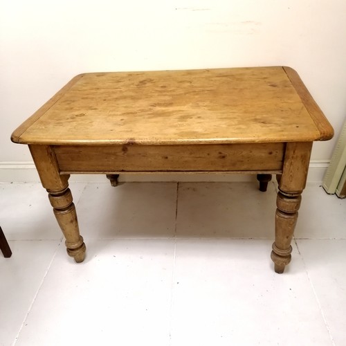 55 - Antique pine kitchen table with suingle drawer to one end. 120cm x 74cm x 85cm high. In used conditi... 